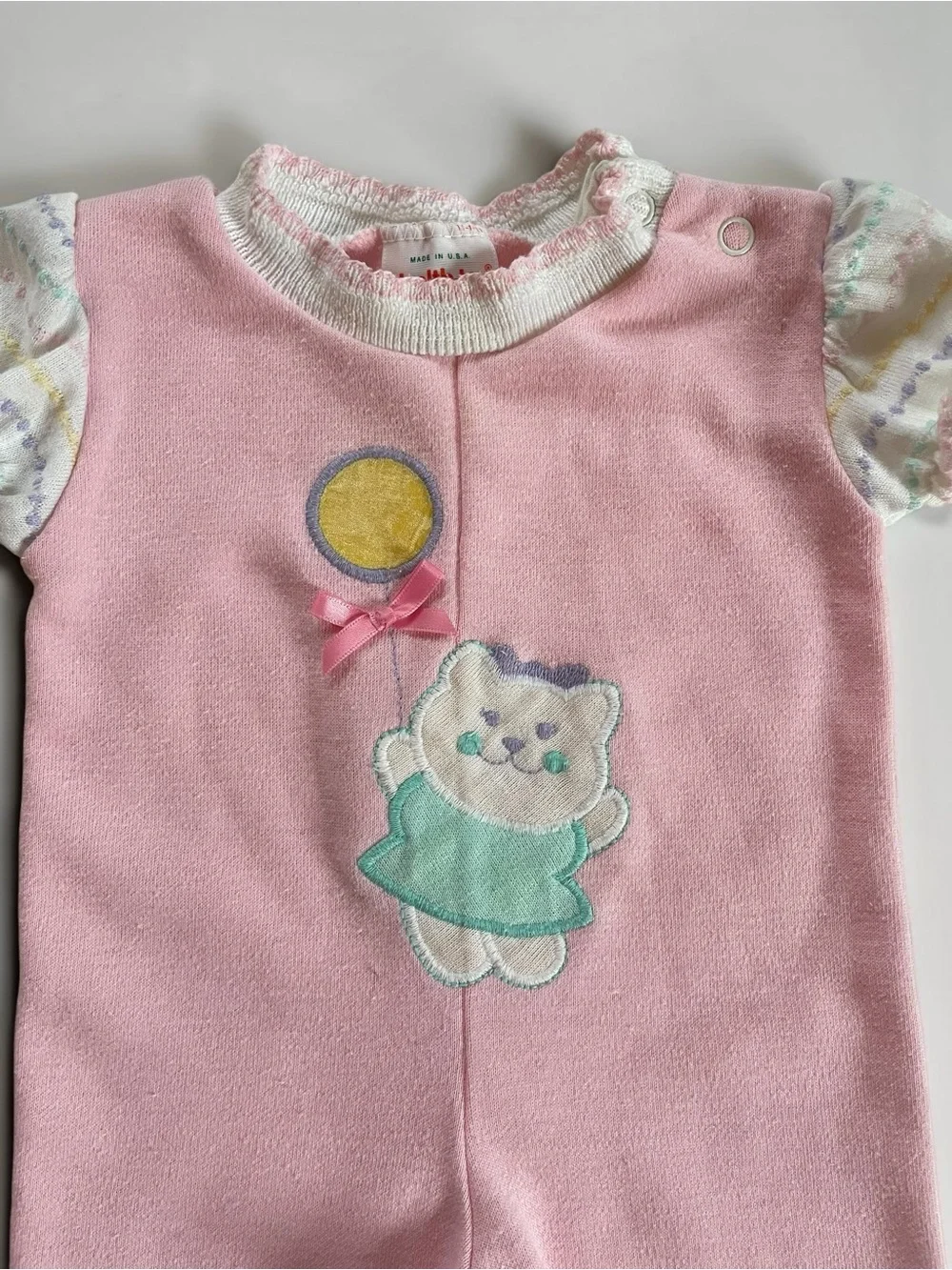 VINTAGE HEALTHTEX EUC Blush Pink Cat Holding Balloon Appliqué Knit Romper